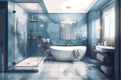 3d illustration of gray modern bathroom with equipment and accessories in the daylight
