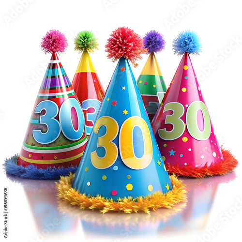Set of bright multicolored birthday caps with number 30 on white background