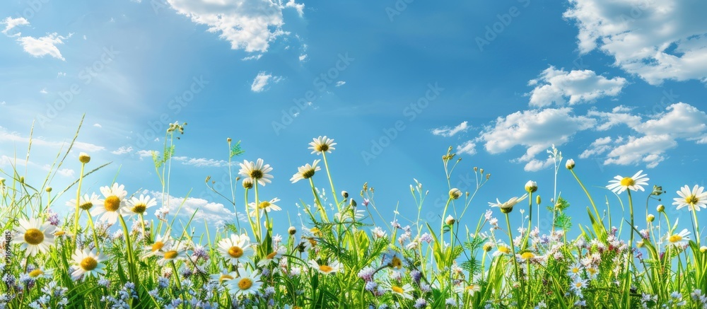 Fototapeta premium Summer Meadow with White Flowers and Blue Sky