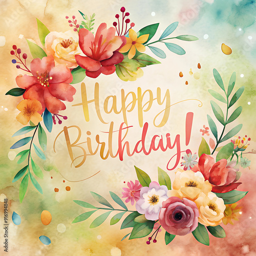 Fototapeta Naklejka Na Ścianę i Meble -  Watercolor style greeting card with flowers and signature happy birthday