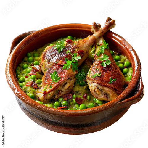 Front view of Pigeonneau aux Petits Pois (young pigeon with peas) with a flavorful pea and bacon sauce, isolated on a white transparent background