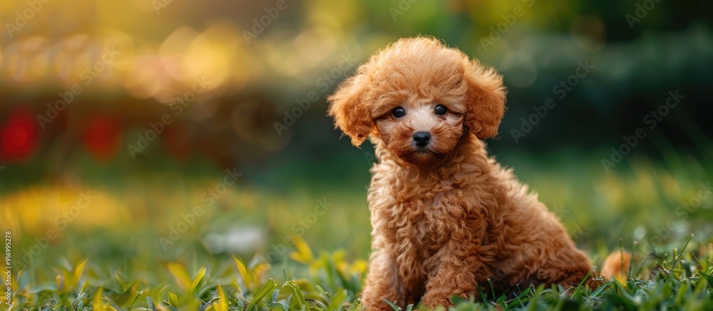 Fluffy red Toy Poodle puppy sitting on green grass adorable as it gazes into the camera perfect for a copy space image domestic pet