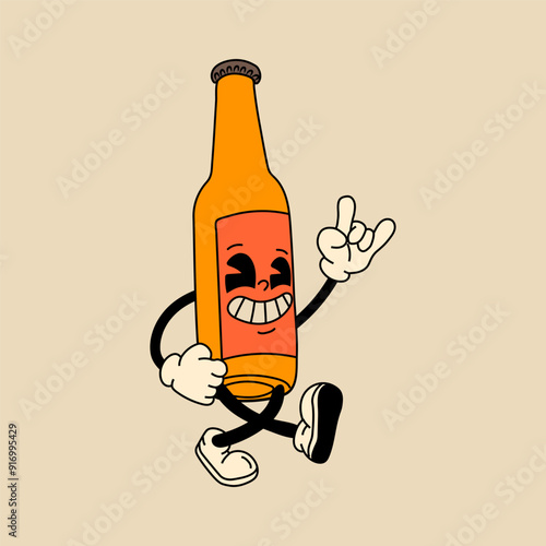 Retro glass bottle of beer  mascot character. 40s, 50s, 60s old animation style. Oktoberfest mascot