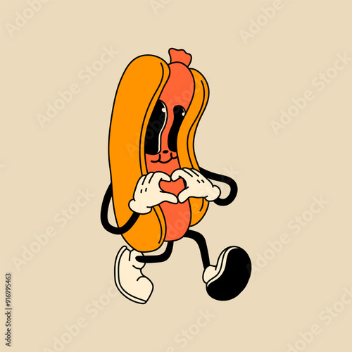 Retro Hot Dog mascot character. 40s, 50s, 60s old animation style. Oktoberfest mascot