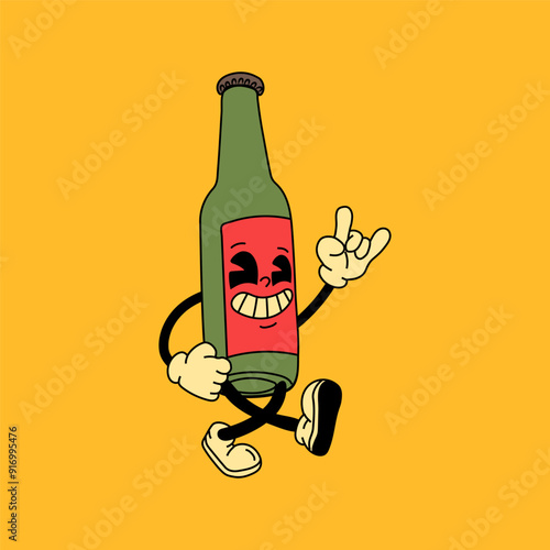 Retro glass bottle of beer  mascot character. 40s, 50s, 60s old animation style. Oktoberfest mascot