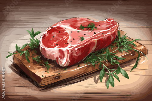 Grilled beef steak with rosemary, mushrooms and tomato. Watercolor hand drawn illustration isolated on white background.
