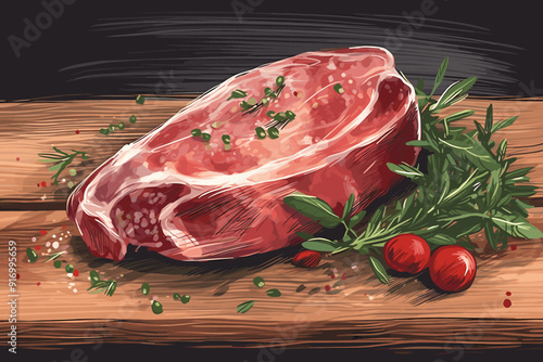 Grilled beef steak with rosemary, mushrooms and tomato. Watercolor hand drawn illustration isolated on white background.
