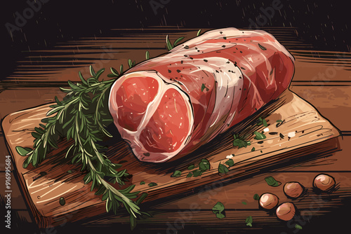 Grilled beef steak with rosemary, mushrooms and tomato. Watercolor hand drawn illustration isolated on white background.
