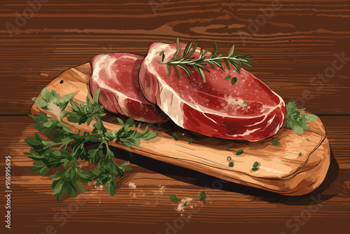 Grilled beef steak with rosemary, mushrooms and tomato. Watercolor hand drawn illustration isolated on white background.
