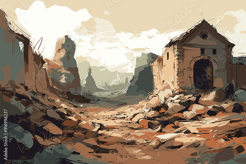 Alien planet. Spectacular view. Artistic imaginary landscape. Badlands yellow desert. 2d illustration.
