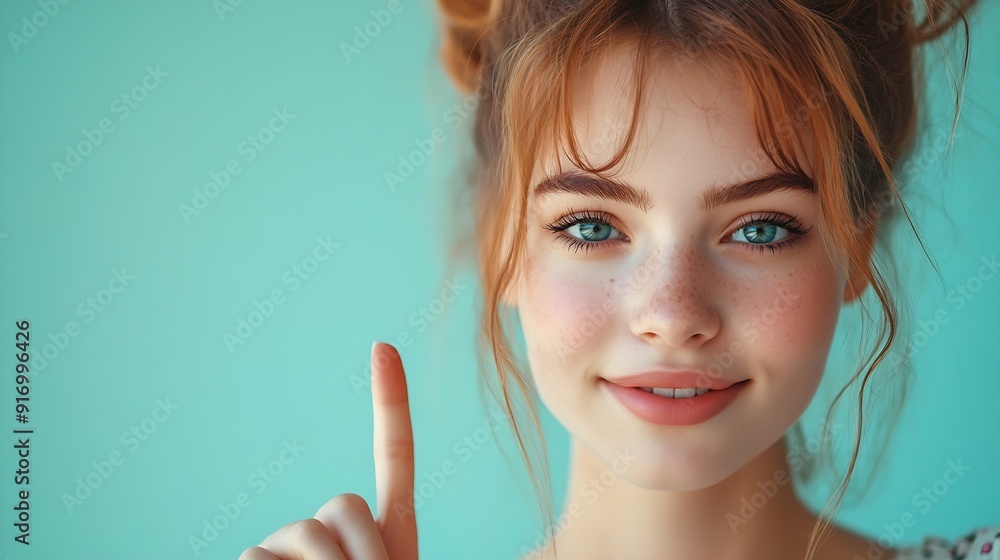 Portrait of positive nice girl indicate fingers empty space proposition isolated on teal color background : Generative AI Portrait of positive nice girl indicate fingers empty space proposition isolated on teal color background : Generative AI