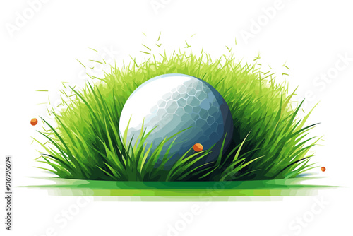 White golf ball in the long grass, closeup on white background
