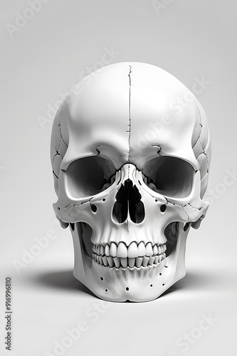 White human skull 3d render front view in studio light , isolated background