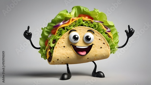 taco character a taco with a big smile and googly eyes its shell forming the body with lettuce.
