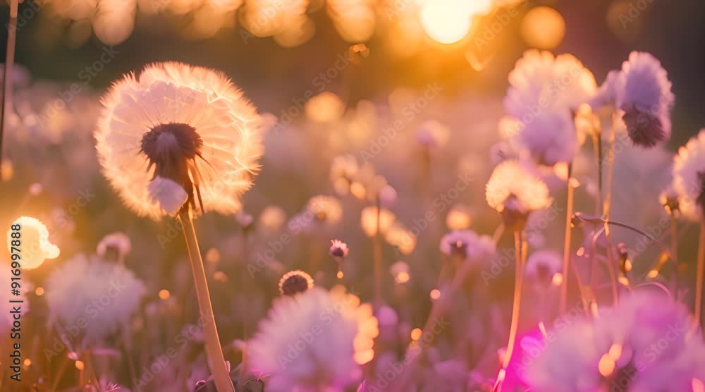 A dandelion field in a beautiful, colorful sunset with golden light streaming through fluffy seeds, casting long shadows A dandelion field in a beautiful, colorful sunset with golden light streaming through fluffy seeds, casting long shadows