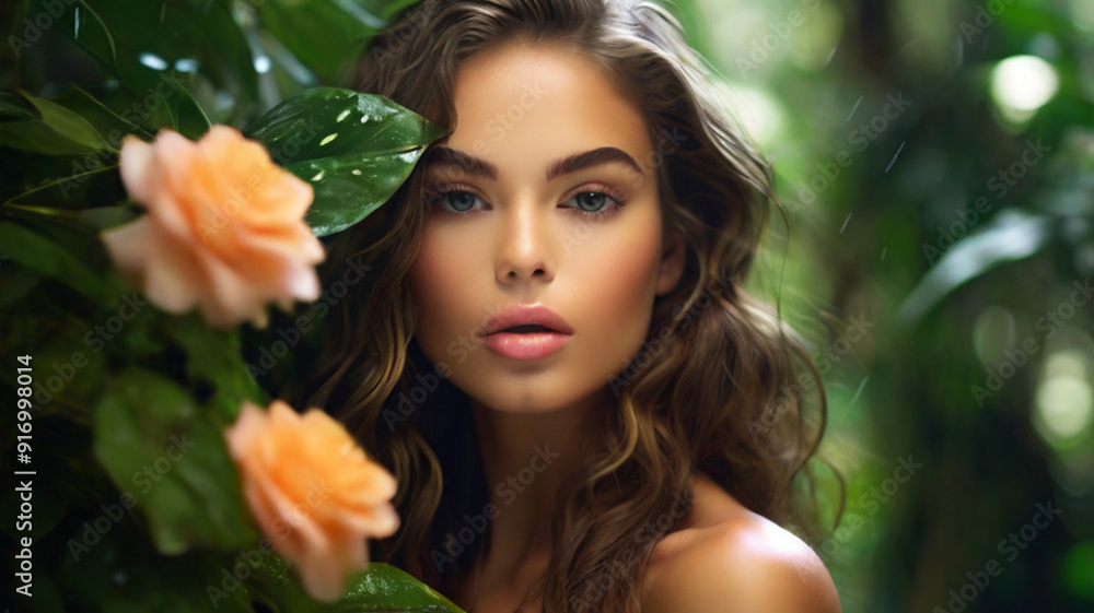 Fashion portrait of gorgeous woman with flowers and leaves, Concept of harmony, beauty and unity with nature. Fashion portrait of gorgeous woman with flowers and leaves, Concept of harmony, beauty and unity with nature.