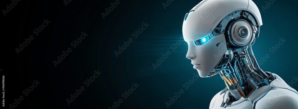 White Humanoid Robot with Glowing Blue Eyes and Intricate Silver Details Against Dark Background White Humanoid Robot with Glowing Blue Eyes and Intricate Silver Details Against Dark Background