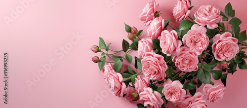 Pink Pierre de Ronsard shrub rose bouquet on pink backdrop Room for text. Copy space image. Place for adding text and design