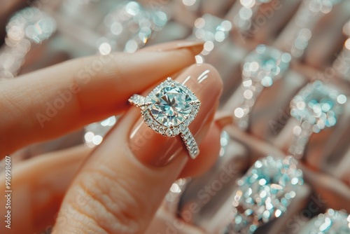 Woman's finger wearing a diamond ring. Jewelry store advertising concept. Woman's hand wearing an engagement ring photo