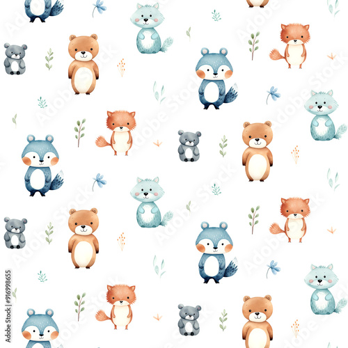 Seamless pattern cute watercolor animals. Bears, fox, raccoon and wolf with forest foliage