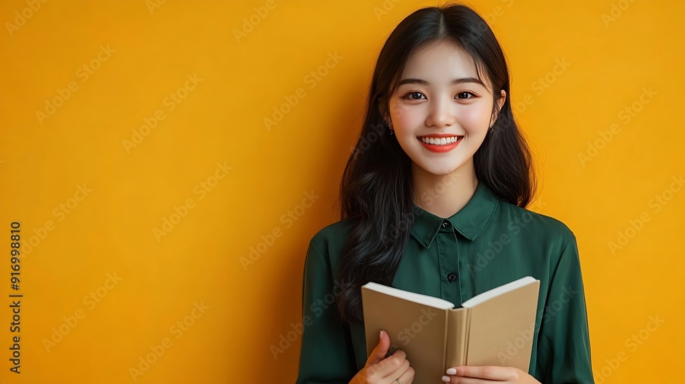Obraz premium Smiling pretty cheerful young woman of Asian ethnicity 20s wear basic green satin shirt stand reading holding in hands book showing thumb up isolated on bright yellow colour background : Generative AI