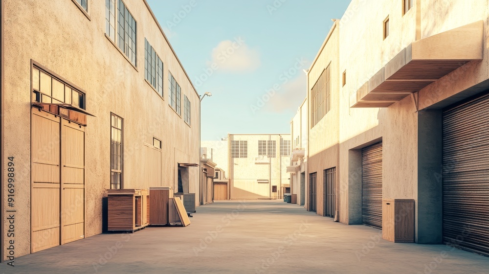 A narrow alleyway between two buildings with closed doors and garage doors. Sunlight shines on the concrete surface. A narrow alleyway between two buildings with closed doors and garage doors. Sunlight shines on the concrete surface.