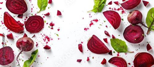 Beetroot and sliced beets on a white backdrop with clipping paths included in the copy space image photo