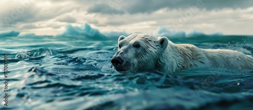 Polar bear swimming in the ocean with a beautiful view in the background like a serene copy space image photo