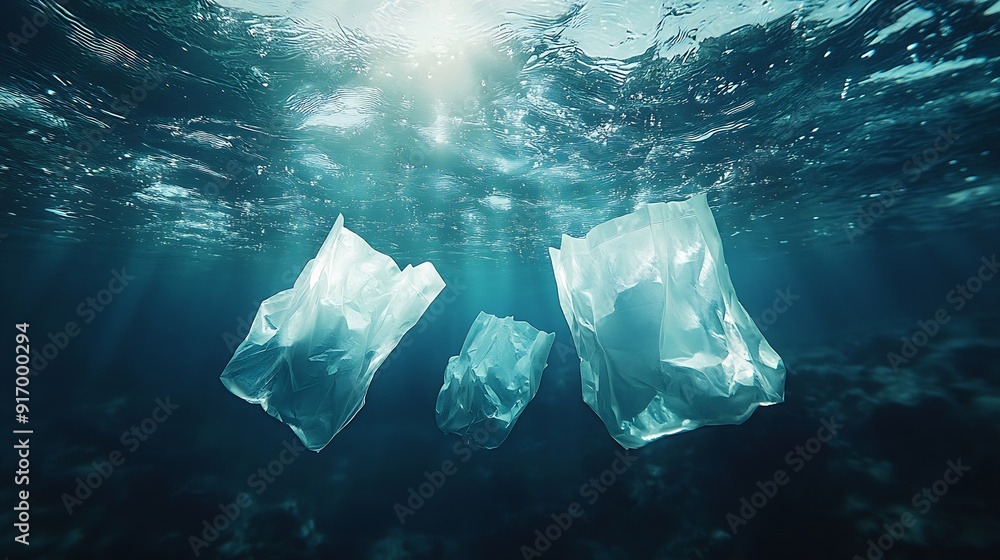 Fototapeta premium Plastic pollution in ocean plastic bags in the depths of the ocean : Generative AI