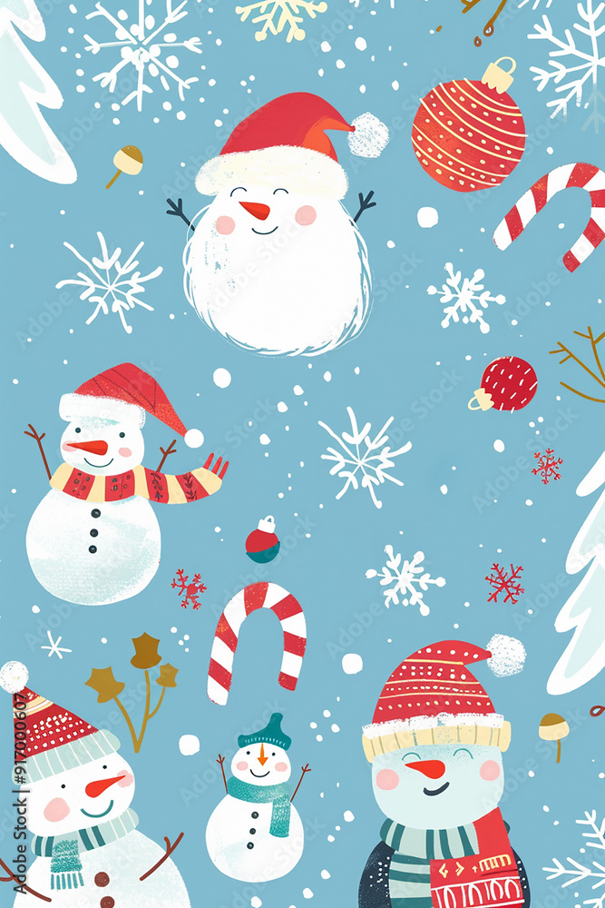 Vertical template for Christmas invitation card with childish illustrations of snowmen, snowflakes, candy canes, Christmas balls and Christmas trees with copy space for text