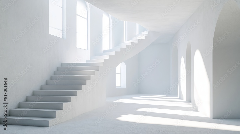 Modern white interior with a staircase and sunlight streaming through windows. Modern white interior with a staircase and sunlight streaming through windows.