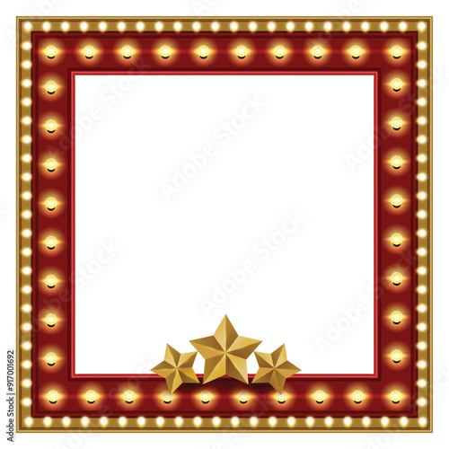 Retro golden red frame with bulbs and stars 