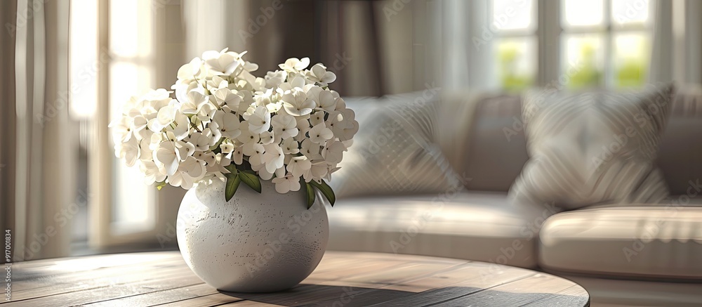 A stylish ceramic vase holds a bouquet of white hydrangeas on a round wooden table in the living room creating a serene copy space image A stylish ceramic vase holds a bouquet of white hydrangeas on a round wooden table in the living room creating a serene copy space image