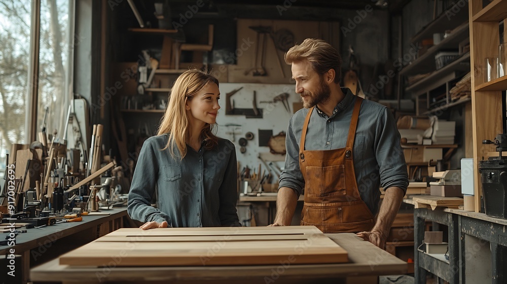 A man and woman in a workshop discuss a wooden frame surrounded by tools and furniture : Generative AI A man and woman in a workshop discuss a wooden frame surrounded by tools and furniture : Generative AI