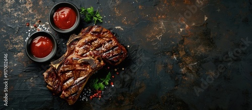 Wallpaper Mural Grilled T bone steak with sauces on a dark background with copy space image Torontodigital.ca