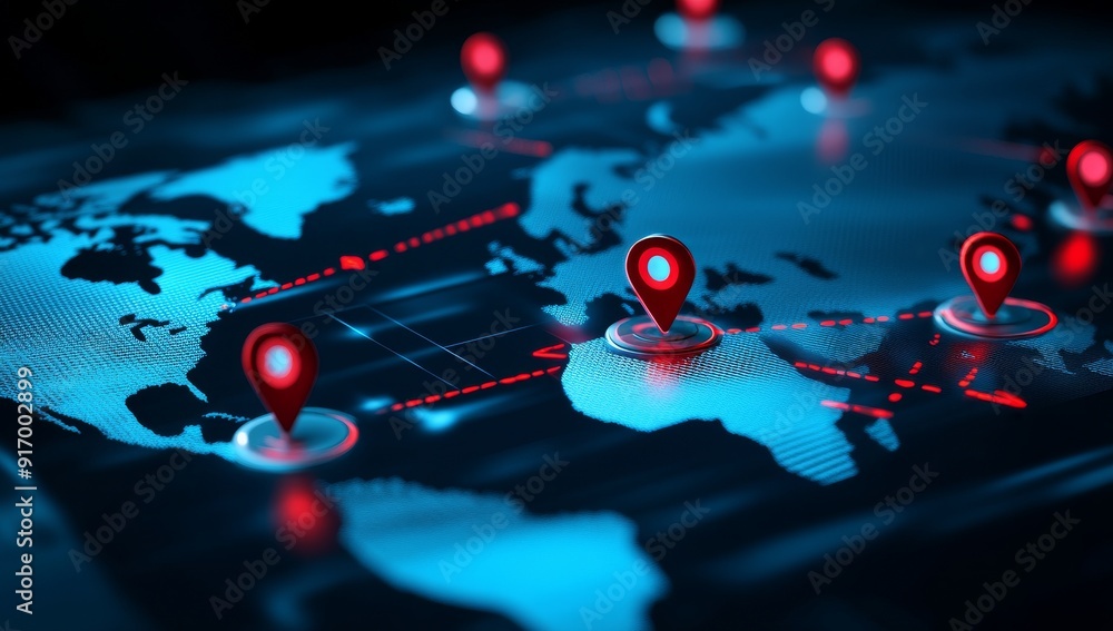World Map with Red Pins Marking Various Locations, Indicating Global Reach World Map with Red Pins Marking Various Locations, Indicating Global Reach