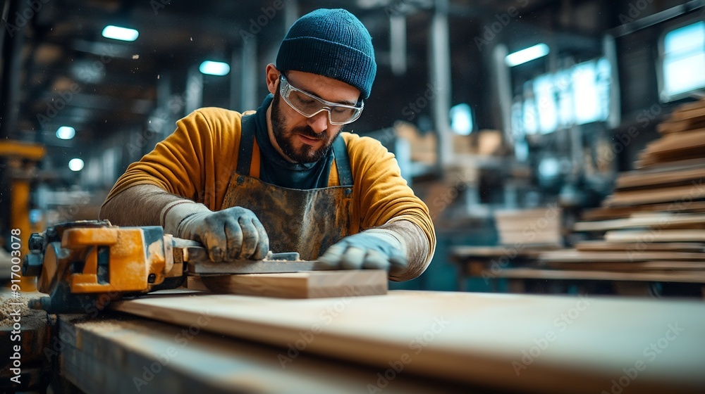 A male carpenter sands wooden furniture facades with a sanding machine at a furniture production factory wood processing concept : Generative AI A male carpenter sands wooden furniture facades with a sanding machine at a furniture production factory wood processing concept : Generative AI