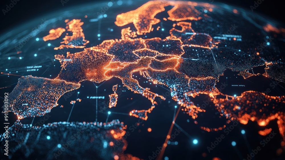 Fototapeta premium Digital Map of Europe with Glowing Lines