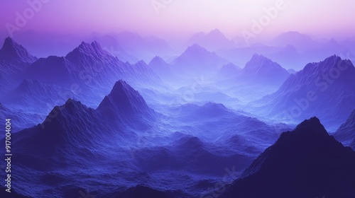 A misty, purple landscape with majestic mountains reaching towards a vibrant sky.