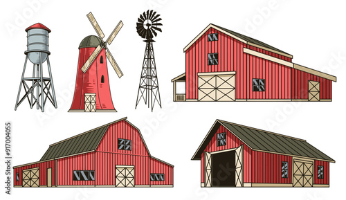 Agricultural buildings colorful set stickers