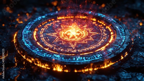 Wallpaper Mural An enchanted glowing sigil with a fiery core, surrounded by intricate symbols and radiating blue and orange light on a stone ground. Torontodigital.ca