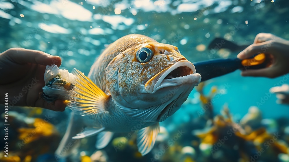 Foto de team of volunteers rescues the fish by pulling trash out of its ...