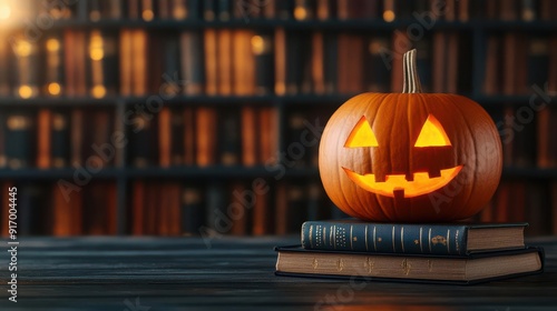 Library with pumpkinthemed books, soft ambient light, medium shot, warm tones, cozy style photo