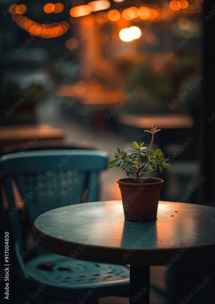 A solitary potted plant on a table, illuminated by warm ambient lights in a cozy setting. A solitary potted plant on a table, illuminated by warm ambient lights in a cozy setting.
