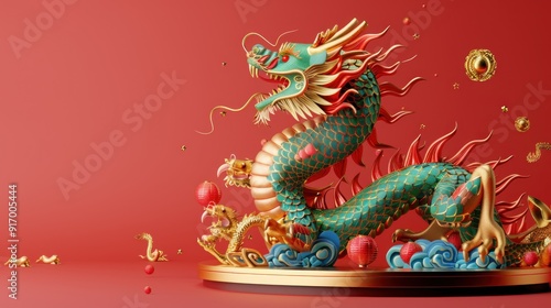 Wallpaper Mural Golden Chinese Dragon on Red Background Torontodigital.ca