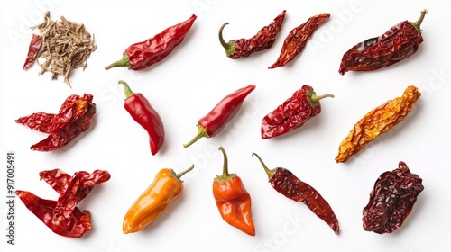 An assortment of fresh and dried chili peppers on a white background, highlighting their vibrant colors and textures.