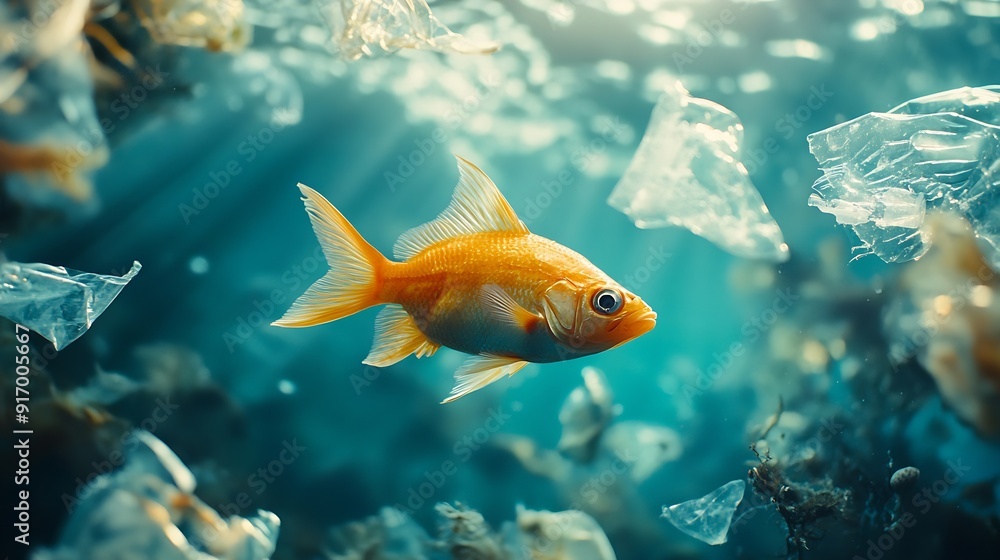 Fototapeta premium Fish Swims Among Plastic Ocean Pollution Plastic Pollution Affects Sea Life Throughout the Ocean Environment Concept : Generative AI