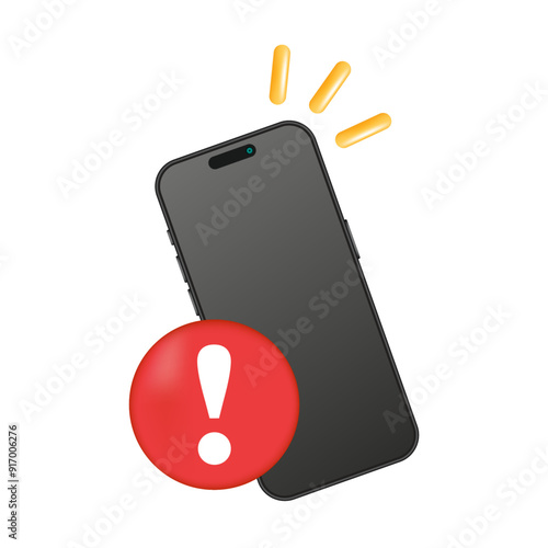 3D Phone with Red Exclamation Mark - Smartphone Warning, Important and Alert Message Notification Sign Icon. Vector.