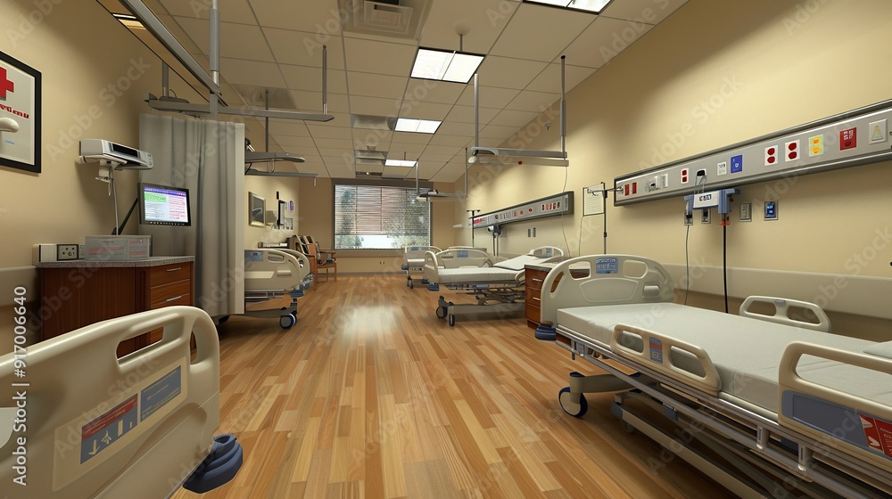 Obraz premium Hospital Ward with Empty Beds and Medical Equipment