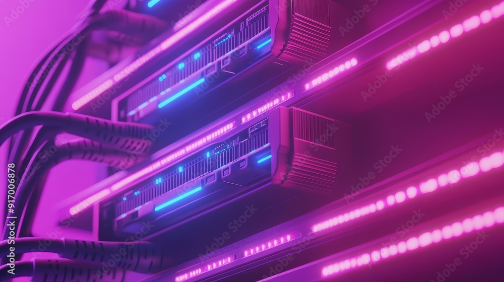 Close up of server racks with glowing blue and pink lights, showcasing modern technology and data storage. Close up of server racks with glowing blue and pink lights, showcasing modern technology and data storage.